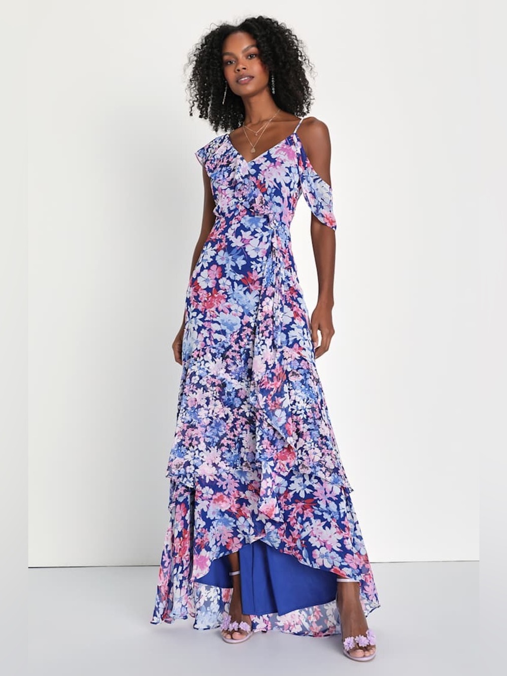 NWT NEW Lulu’s Lulus Radiant Blue Floral Print Chiffon Maxi Dress Blue Medium